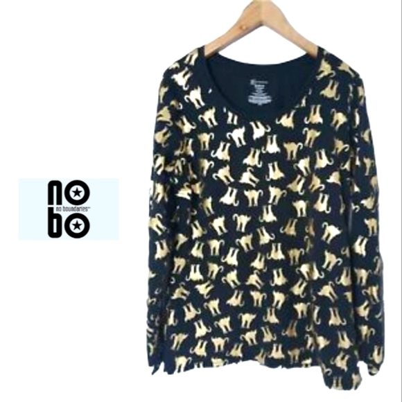 Gold Foil Cats on Long Sleeve Black Tee by No Boundaries NWT - Picture 1 of 4
